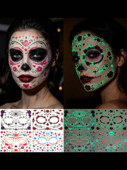 KissICON 4pcs Glow-In-The-Dark Halloween Temporary Tattoo Stickers, Day Of The Dead Face Paint Tattoos, Gothic Spider Web, Dark Rose & Skull Waterproof Fake Tattoos For Halloween Party And Gifts
