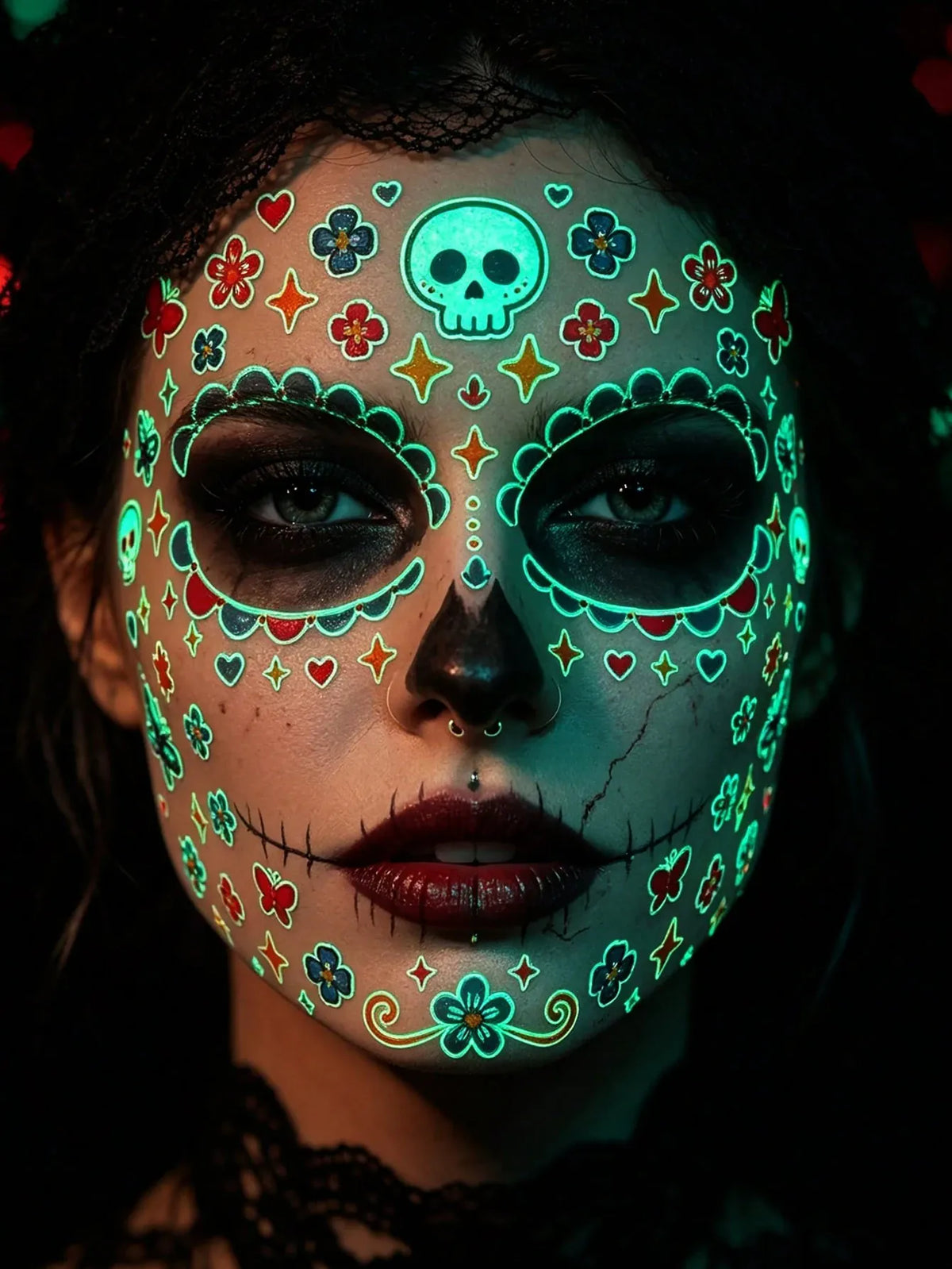 KissICON 4pcs Glow-In-The-Dark Halloween Temporary Tattoo Stickers, Day Of The Dead Face Paint Tattoos, Gothic Spider Web, Dark Rose & Skull Waterproof Fake Tattoos For Halloween Party And Gifts