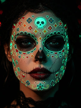 KissICON 4pcs Glow-In-The-Dark Halloween Temporary Tattoo Stickers, Day Of The Dead Face Paint Tattoos, Gothic Spider Web, Dark Rose & Skull Waterproof Fake Tattoos For Halloween Party And Gifts