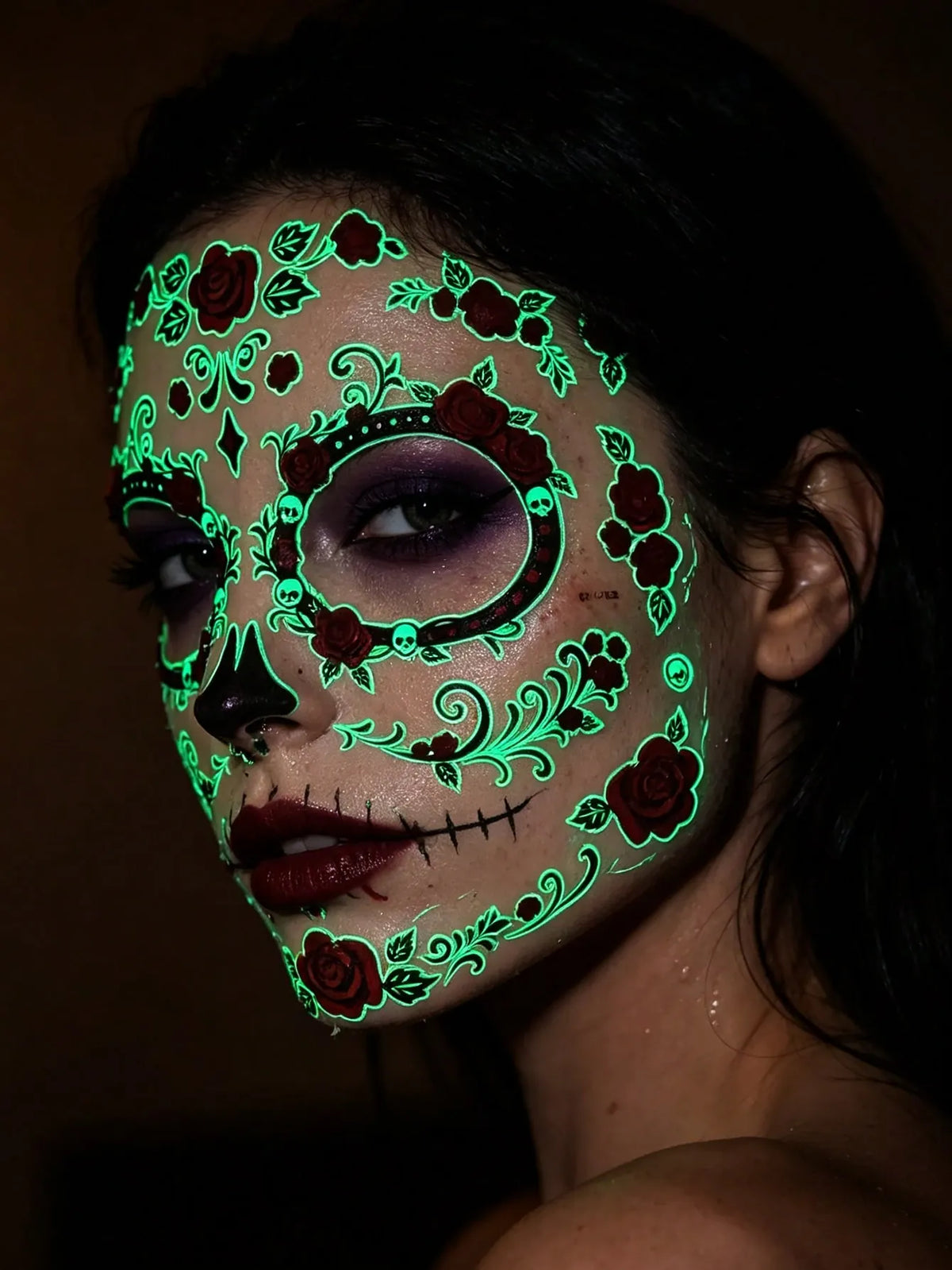 KissICON 4pcs Glow-In-The-Dark Halloween Temporary Tattoo Stickers, Day Of The Dead Face Paint Tattoos, Gothic Spider Web, Dark Rose & Skull Waterproof Fake Tattoos For Halloween Party And Gifts
