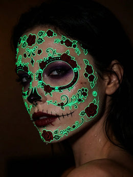 KissICON 4pcs Glow-In-The-Dark Halloween Temporary Tattoo Stickers, Day Of The Dead Face Paint Tattoos, Gothic Spider Web, Dark Rose & Skull Waterproof Fake Tattoos For Halloween Party And Gifts