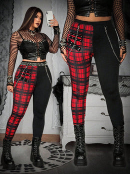 KissICON 4XL Whyspr Plus Size Punk Plaid LaceUp Leggings