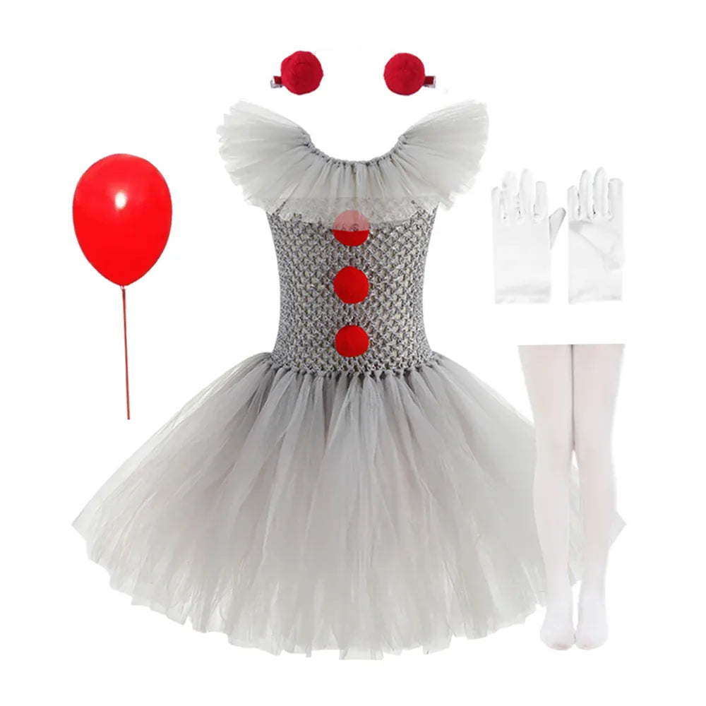 KissICON 5 PCS B / 4-5T(M) Halloween Costume Girls Gray Tutu Scary Vestidos Joker Dress Kids Cosplay Clown Costume Carnival Party Dress Up