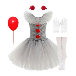 KissICON 5 PCS B / 4-5T(M) Halloween Costume Girls Gray Tutu Scary Vestidos Joker Dress Kids Cosplay Clown Costume Carnival Party Dress Up
