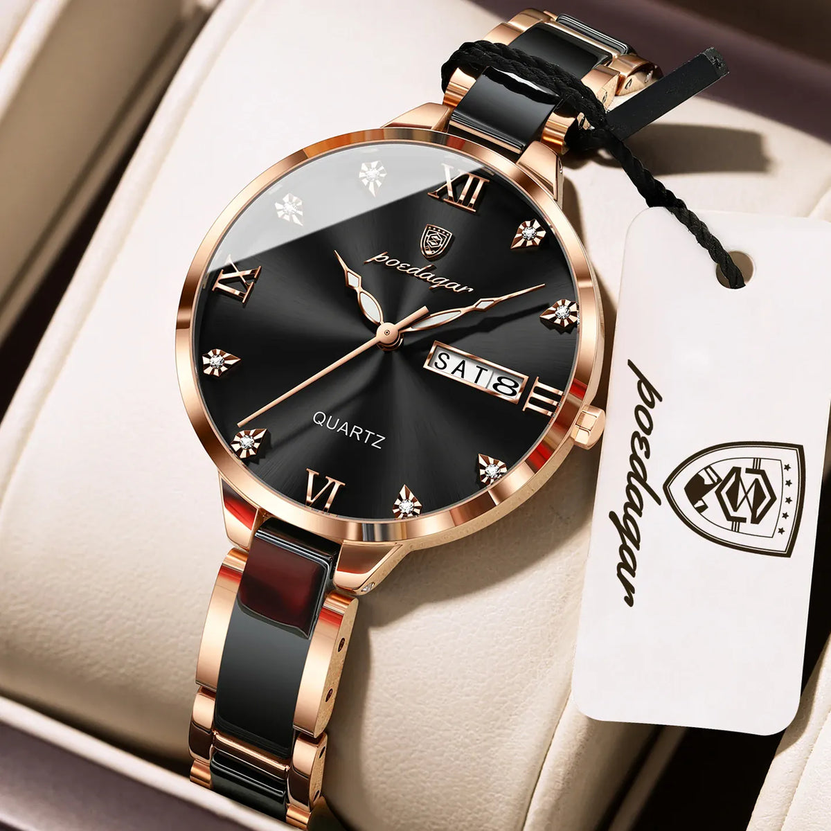 KissICON 506 RoseGold Black POEDAGAR Fashion Elegant Women Watches Week Date High Quality Waterproof Ladies Quartz Watch Stainless Steel Watch For Woman+Box