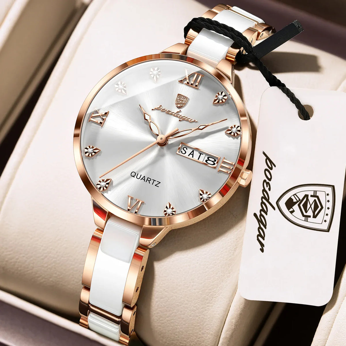 KissICON 506 RoseGold White POEDAGAR Fashion Elegant Women Watches Week Date High Quality Waterproof Ladies Quartz Watch Stainless Steel Watch For Woman+Box
