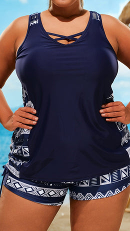 jkthpu-45 Women's Casual Tankini Set, Plus Size Geometric Print Criss Cross Drawstring Top & Boxer Shorts Panty Swimsuit 2 Piece Set