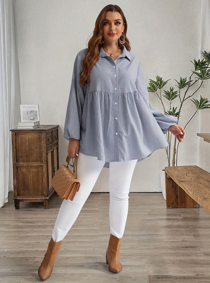 Plus Size, Women's Plus Size Oversized White & Green Horizontal Striped Button- Shirt Jacket-like Blouse - Short Sleeve-like Collar, Wrinkle-Resistant (Machine Washable) H-Line Fit for Year-Round Casual & Dressy Wear (No)