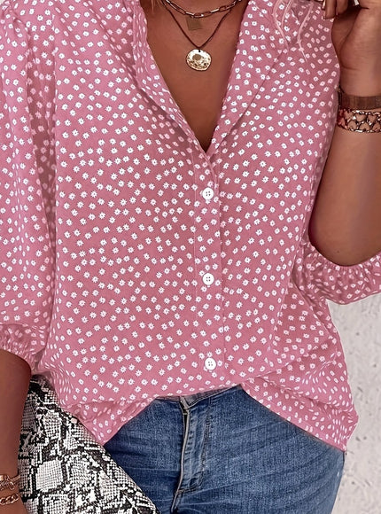 Plus Size Women's Casual Shirt - Floral Print Front Button-Up Blouse with Puff Sleeves, Stand-Up Collar & Lightweight Breathable Fabric for Summer, Machine Washable H-Line Silhouette (Elegant Collection), Relaxed Fit Clothing