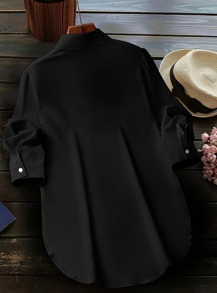 Plus Size Chic Blouse with Flowy Curved Hem - Fashionable Button Front & Classic Collar - Perfect Casual Wear for Spring - Womens Plus Size Clothing
