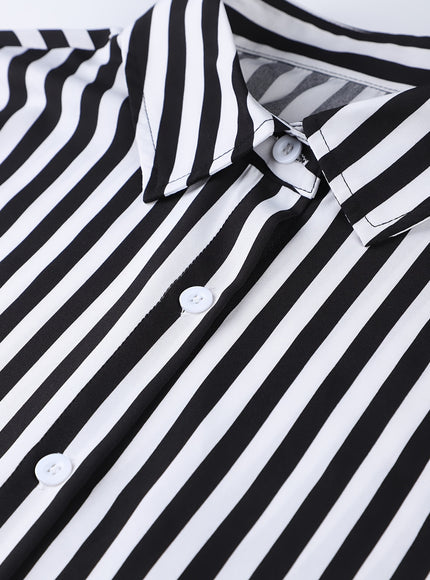 Plus Size, Plus Size Fashionable Elegant Side-Slit High Slit Waist-Length Striped Long Sleeve Shirt