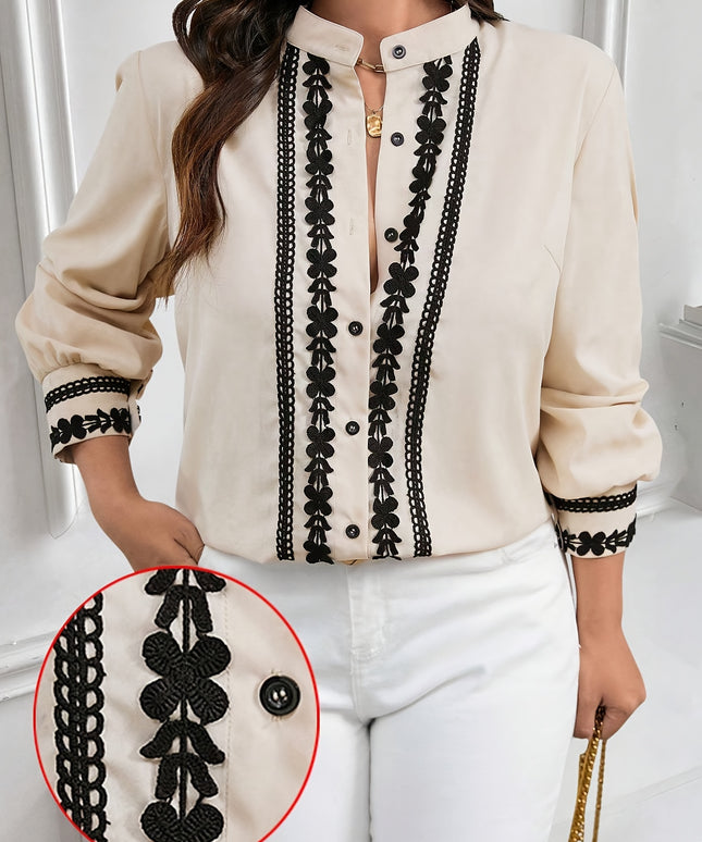 Plus Size, Women's Plus Size Elegant Navy Blue Blouse - Long Sleeve Button-front Shirt with Lace-like trim, Non-Stretch Office Formal Tops for Women, Machine Washable Elegant Shirt for Fall/Winter Wardrobe, Winter Fashion, Cl