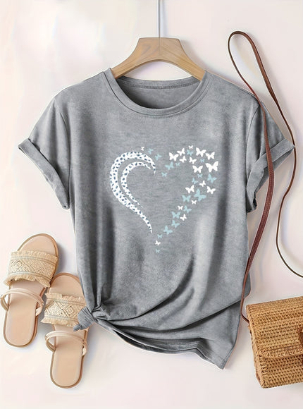 Plus Size Heart Print T-Shirt, Casual Crew Neck Short Sleeve T-Shirt, Women's Plus Size Clothing