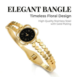 KissICON 58-60mm / Gold-color Gold Color Flower Openwork Watch Design Bangle, Stainless Steel Bracelet for Women, Fashion Jewelry Gift Openable