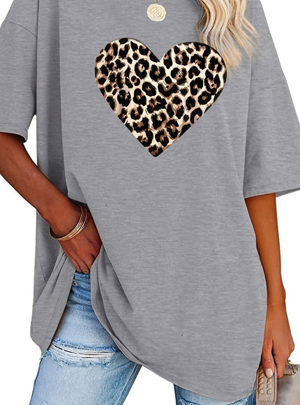 Women's Valentine's Day Leopard Heart Print T-Shirt - Short Sleeve Crew Neck Casual Top, Vibrant Pink, Relaxed Fit, Machine Washable, Plus Size Friendly, All-Season Comfort, Valentine's Day T-shirts, Trendy Casualwear, Durabl