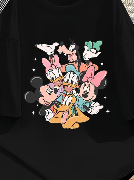 Disney Official Women's Summer New Arrival Oversized Fashionable Mickey Mouse & Friends Cartoon Print Casual Round Neck T-Shirt, Machine Washable Loose Fit Fun Design Comfort Fabric for Home and Outing Wear
