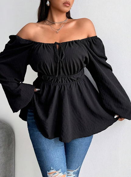 Plus Size - Plus Size - Plus Size - Women'S Plus Size Navy Blue Blouse with Front Drawstring & Ruffled Sleeves - Casual Keyhole Neckline, Long Sleeve, Non-Stretch Fabric, Perfect for Casual Attire, Casual Wear Blouse | Ruffle