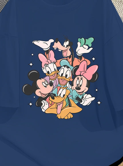 Disney Official Women's Summer New Arrival Oversized Fashionable Mickey Mouse & Friends Cartoon Print Casual Round Neck T-Shirt, Machine Washable Loose Fit Fun Design Comfort Fabric for Home and Outing Wear