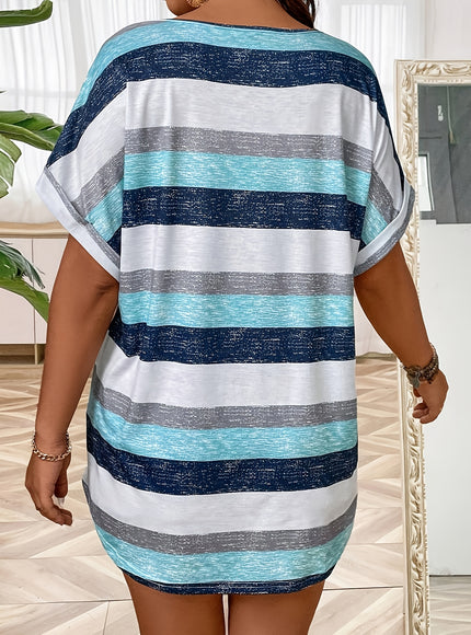 Plus Size, Women's Elegant V-Neck T-Shirt - Stretchy Blouse Top in Teal Blue, Orange & Brown Horizontal Stripes - Polyester/Elastane Blend Shirt for Everyday & Formal Outfits - Machine Washable Women's Clothing, Ladies T Shir