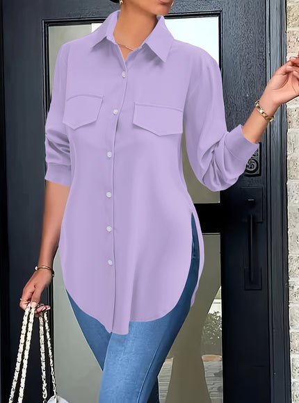 Plus Size Chic Blouse with Flowy Curved Hem - Fashionable Button Front & Classic Collar - Perfect Casual Wear for Spring - Womens Plus Size Clothing