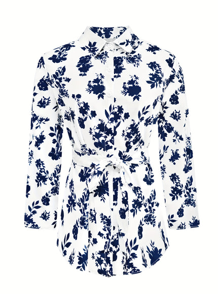 Plus Size - Women'S Elegant Floral Print Long Sleeve Button-Up Shirt with Tie-Waist Detail - Casual Chic Collared Top, White with Blue Flowers, Non-Stretch Fabric, Perfect for Spring & Fall, Ladies Blouses
