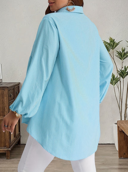 Plus Size, Women's Plus Size Oversized White & Green Horizontal Striped Button- Shirt Jacket-like Blouse - Short Sleeve-like Collar, Wrinkle-Resistant (Machine Washable) H-Line Fit for Year-Round Casual & Dressy Wear (No)