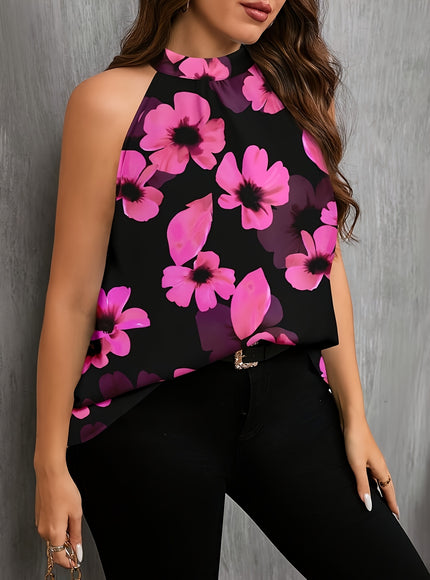 Plus Size - Women'S Plus Size Floral Print Sleeveless Blouse - Elegant Round Neck Summer Top with Button Details, Black & Pink Flowers, Stretchy Fabric, Perfect for Casual or Stylish Outfits, Floral Print Blouse