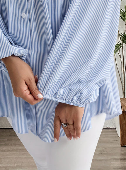 Plus Size, Women's Plus Size Oversized White & Green Horizontal Striped Button- Shirt Jacket-like Blouse - Short Sleeve-like Collar, Wrinkle-Resistant (Machine Washable) H-Line Fit for Year-Round Casual & Dressy Wear (No)