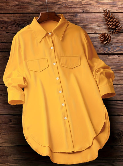 Plus Size Chic Blouse with Flowy Curved Hem - Fashionable Button Front & Classic Collar - Perfect Casual Wear for Spring - Womens Plus Size Clothing