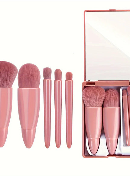 KissICON 5PC-Coffee Pink 5 Piece Mini Makeup Brush Set With Mirror