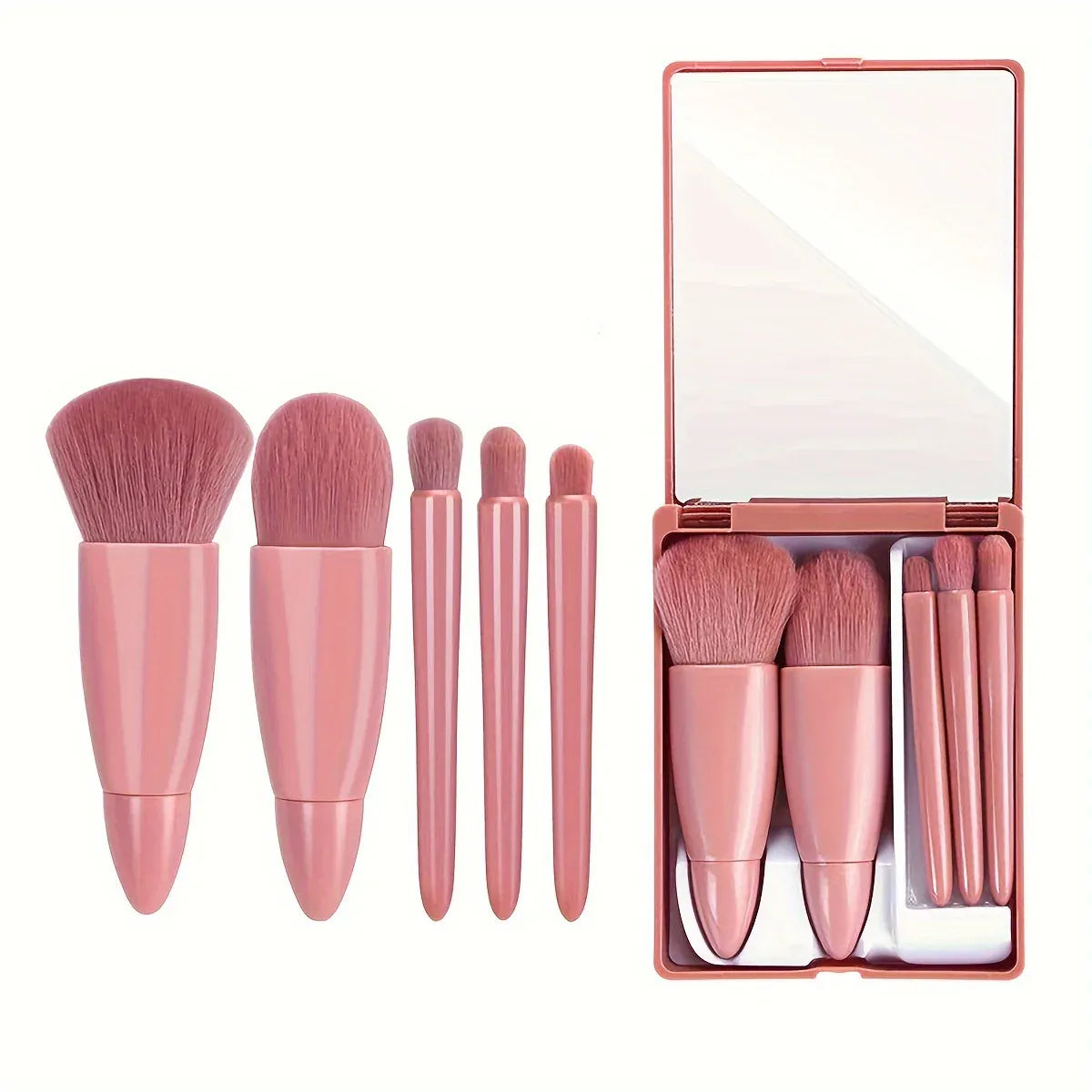 KissICON 5PC-Coffee Pink 5 Piece Mini Makeup Brush Set With Mirror