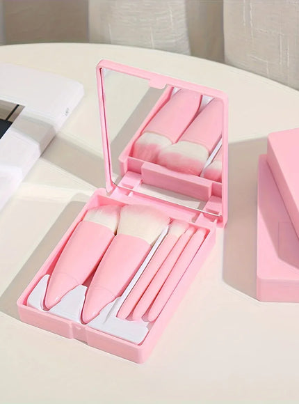 KissICON 5PC-Pink 5 Piece Mini Makeup Brush Set With Mirror