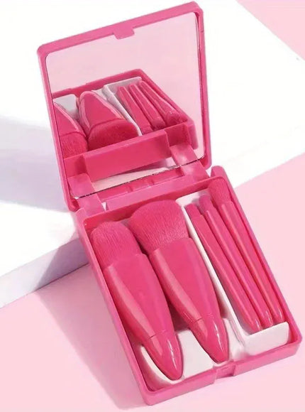 KissICON 5PC-Rose Red 5 Piece Mini Makeup Brush Set With Mirror