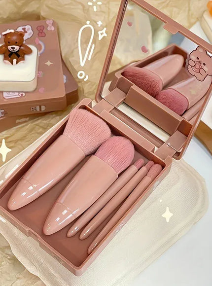 KissICON 5Pcs Makeup Brush Set With Mirror Foldable Travel