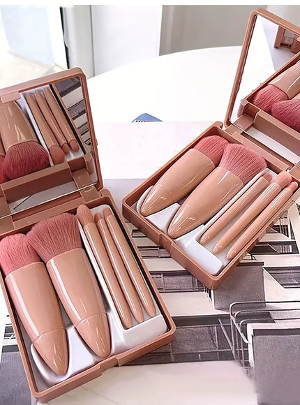 KissICON 5Pcs Makeup Brush Set With Mirror Foldable Travel