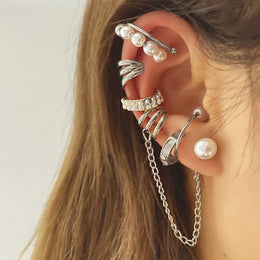 KissICON 5pcs/set Trendy Elegant Design Ear Cuff Classic Elegant Style Gifts Women's No Piercing Clip Silver Earrings Circle Leaf Shaped
