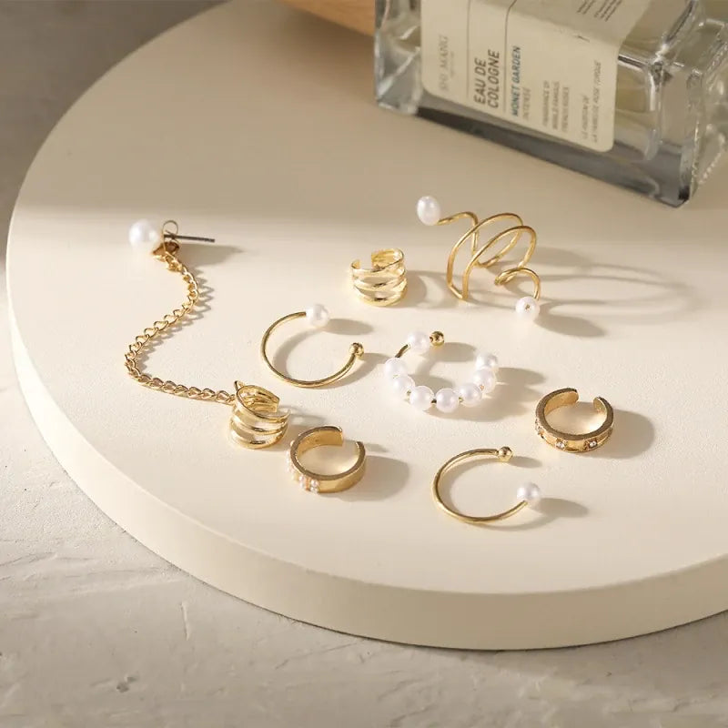 KissICON 5pcs/set Trendy Elegant Design Ear Cuff Classic Elegant Style Gifts Women's No Piercing Clip Silver Earrings Circle Leaf Shaped
