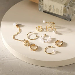 KissICON 5pcs/set Trendy Elegant Design Ear Cuff Classic Elegant Style Gifts Women's No Piercing Clip Silver Earrings Circle Leaf Shaped
