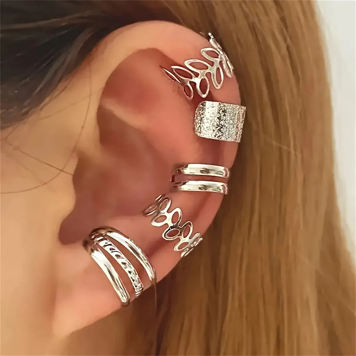 KissICON 5pcs/set Trendy Elegant Design Ear Cuff Classic Elegant Style Gifts Women's No Piercing Clip Silver Earrings Circle Leaf Shaped
