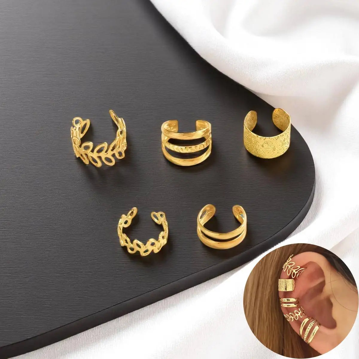 KissICON 5pcs/set Trendy Elegant Design Ear Cuff Classic Elegant Style Gifts Women's No Piercing Clip Silver Earrings Circle Leaf Shaped