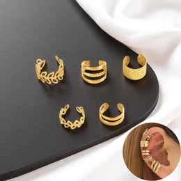 KissICON 5pcs/set Trendy Elegant Design Ear Cuff Classic Elegant Style Gifts Women's No Piercing Clip Silver Earrings Circle Leaf Shaped