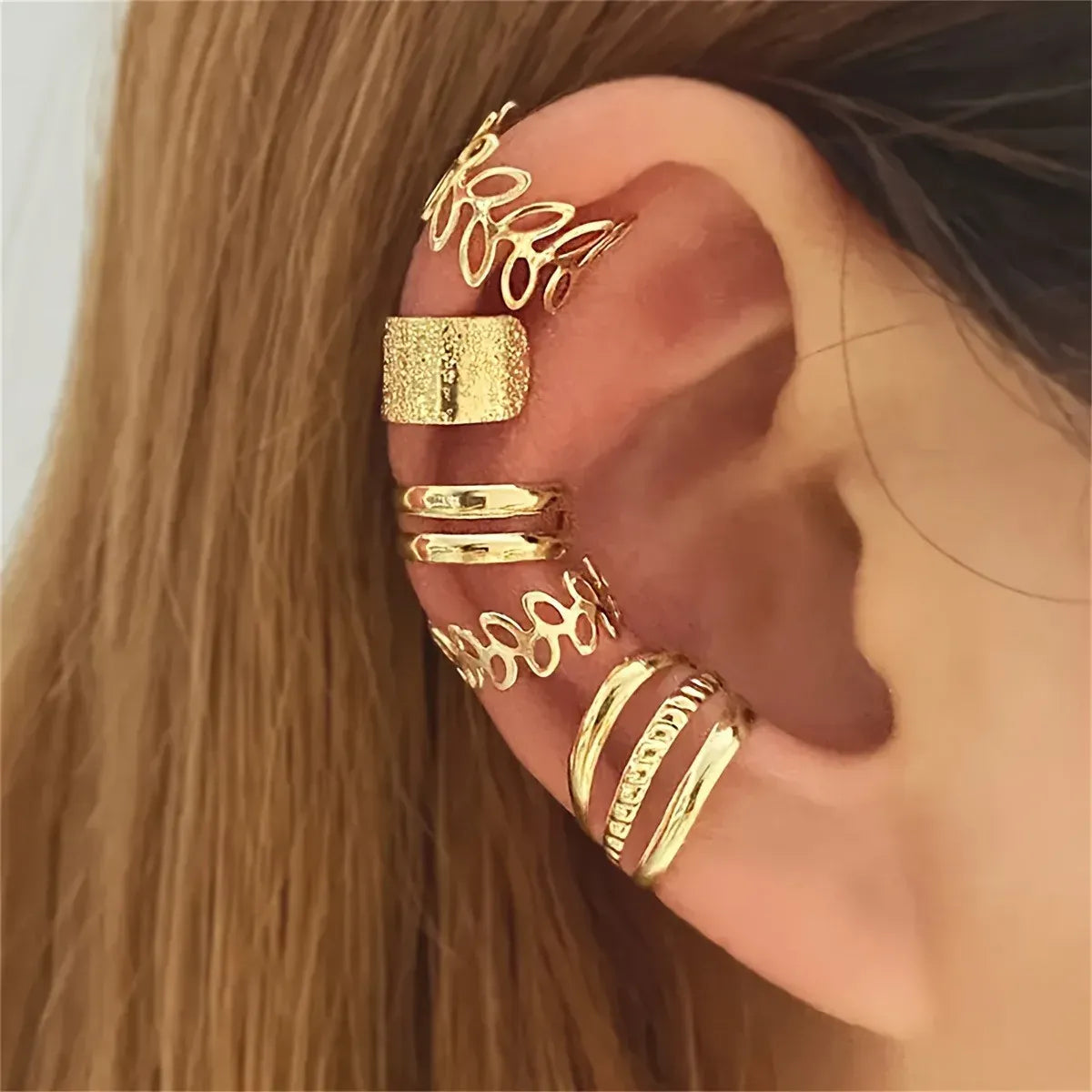 KissICON 5pcs/set Trendy Elegant Design Ear Cuff Classic Elegant Style Gifts Women's No Piercing Clip Silver Earrings Circle Leaf Shaped