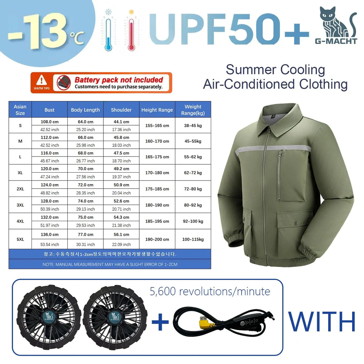 KissICON 5V 2Fan Green / L(55-62 kg) Ultralight Summer Cooling Vest Sun Protection  Windbreaker Jacket