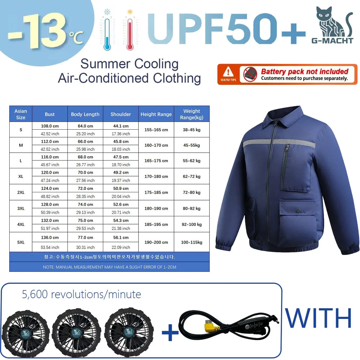 KissICON 5V 3Fan Blue / 3XL(80-92 kg) Ultralight Summer Cooling Vest Sun Protection  Windbreaker Jacket