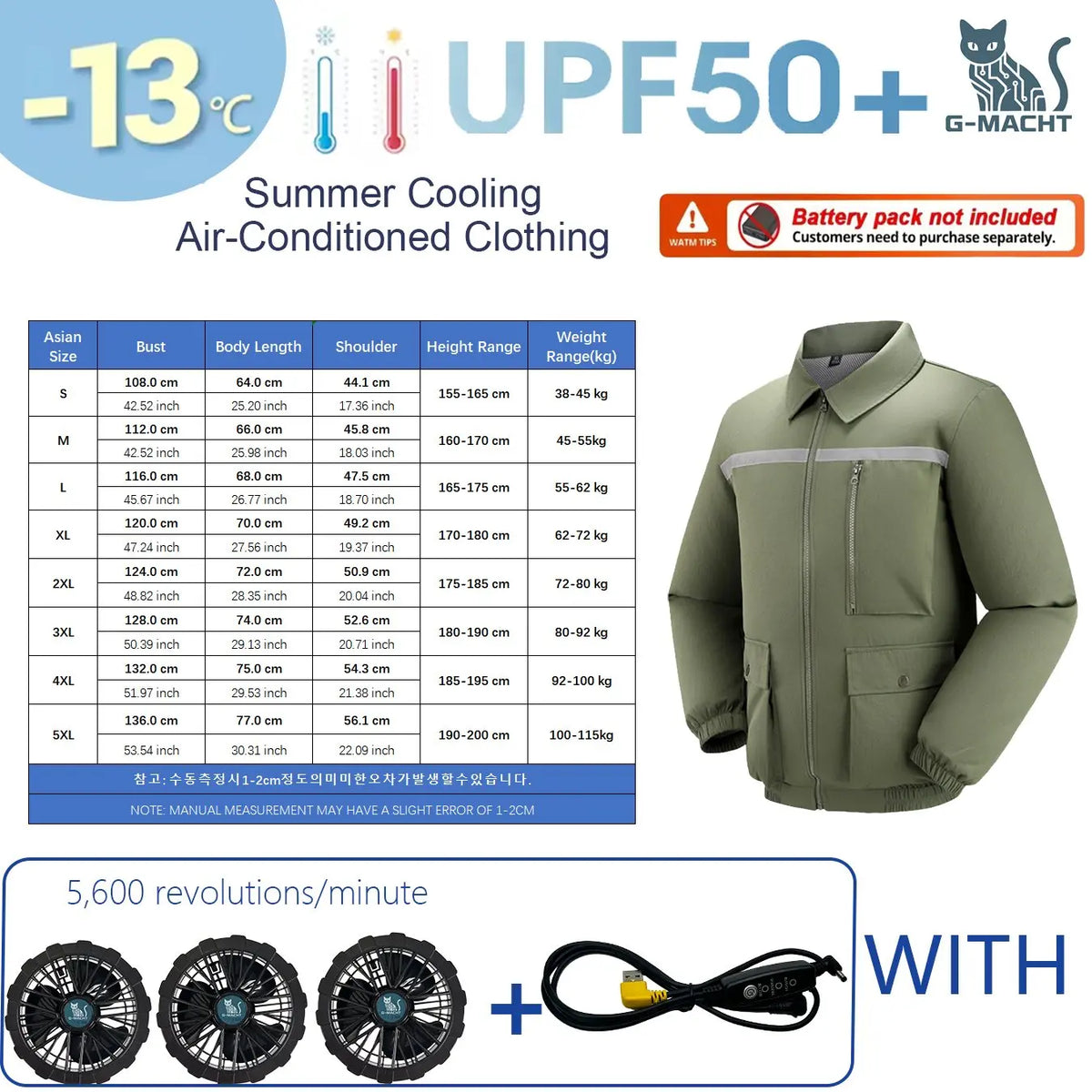 KissICON 5V 3Fan Green / 4XL(92-100 kg) Ultralight Summer Cooling Vest Sun Protection  Windbreaker Jacket