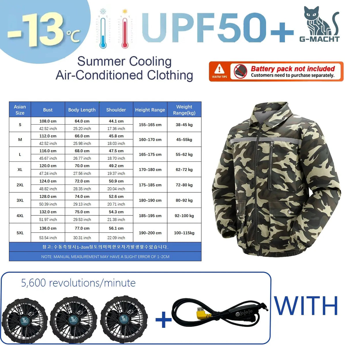 KissICON 5V3 Fan Camo / 3XL(80-92 kg) Ultralight Summer Cooling Vest Sun Protection  Windbreaker Jacket