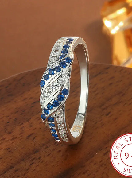 KissICON 6 925 Sterling Silver Women's Ring with Blue AAAA Zircon, Elegant Hollow-Out Jewelry, Adjustable Band, Gift for Her