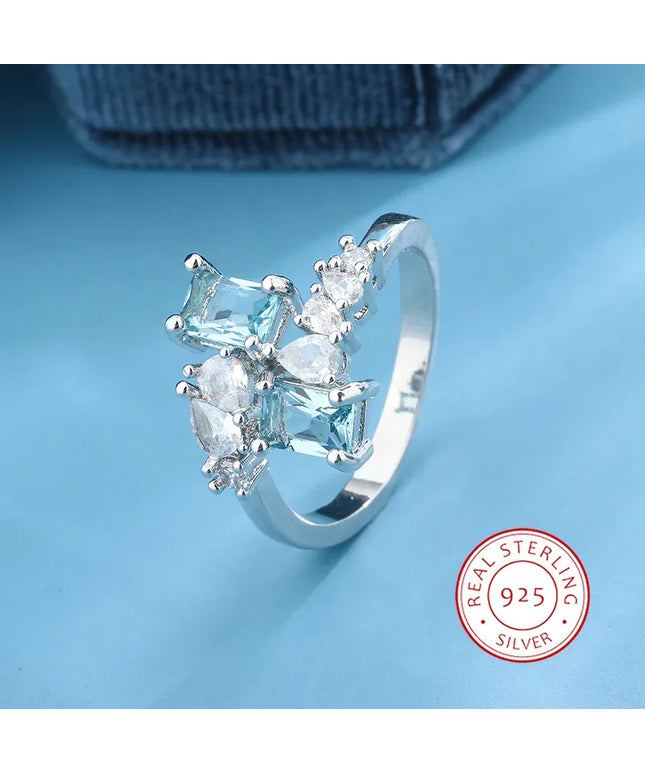 KissICON 6 Exquisite Aquamarine Zircon Ring 925 Silver - Bridal