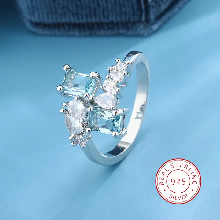 Exquisite Aquamarine Zircon Ring 925 Silver - Bridal
