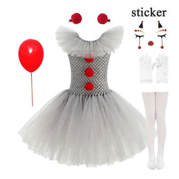 KissICON 6 PCS C / 2-3T(S) Halloween Costume Girls Gray Tutu Scary Vestidos Joker Dress Kids Cosplay Clown Costume Carnival Party Dress Up